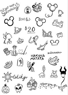 the disney mouse sticker sheet is shown in black and white, with various symbols on it