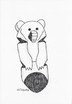 a drawing of a bear sitting on top of a piece of wood with its paws in the air