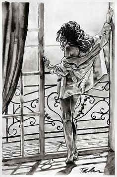 a drawing of a woman standing in front of a window with her arms outstretched to the side