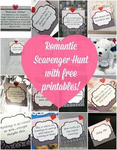 a collage of pictures with the words romantic scavenger hunt and free printables