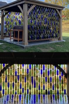 two different views of an outdoor pavilion with colorful glass bottles on it