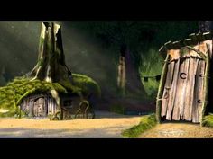 an animated scene with two wooden doors and moss growing on them