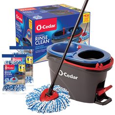 the o - cedar cleaning kit includes a mop, bucket and duster