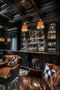 an elegant bar with leather chairs and stools