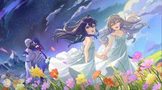 two women in white dresses walking through flowers under a night sky with stars and clouds