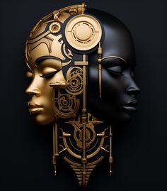 two masks with different designs on them, one is gold and the other is black