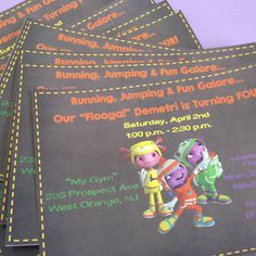 three children's birthday party flyers are shown on a purple tablecloth with yellow stitching