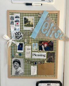 a bulletin board with pictures and magnets attached to the back of it that says please