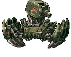 a pixel art style robot with two hands on it's back and one arm extended