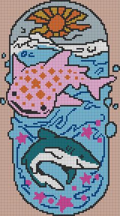 a cross stitch pattern with an image of a fish in the water and other items