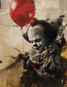 a creepy clown holding a red balloon