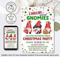 a christmas party with gnomes and snowflakes is on the table next to an iphone