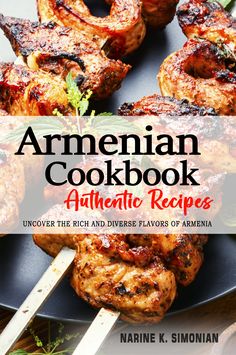 the cover of an american cookbook with grilled meats on skewers