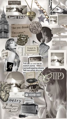 a collage of photos with words and pictures on it, including an image of a woman's face