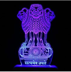 an illuminated sign with the image of a lion on it in purple and blue light