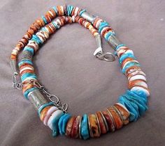 Navajo-Heavy-Spiny-Oyster-amp-turquoise-Necklace-w-silver-beads-and-clasp-JN0048 Navajo Turquoise Jewelry, Spiny Oyster Turquoise, Oyster Turquoise, African Accessories, Beaded Necklace Designs, African Trade Beads, Seashell Jewelry, Southwest Jewelry, Navajo Turquoise