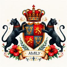 two black cats standing next to each other in front of a shield with lions on it