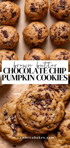 brown butter chocolate chip pumpkin cookies are stacked on top of each other with the title above it