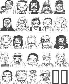 a bunch of people that are drawn in black and white, each with different facial expressions