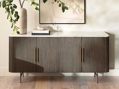 a plant is sitting on top of a sideboard in a room with wood floors