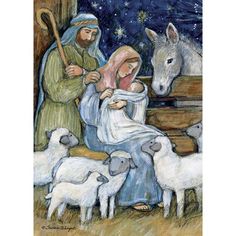 the nativity scene with baby jesus, sheep and donkey is depicted in this painting