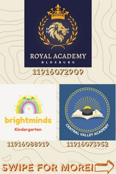 the royal academy logo is shown in four different colors and font styles, including blue, yellow