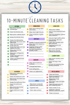 the 10 minute cleaning tasks list is shown on a wooden table with a clock in the background