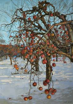 an oil painting of apples hanging from a tree in the snow with other trees behind it