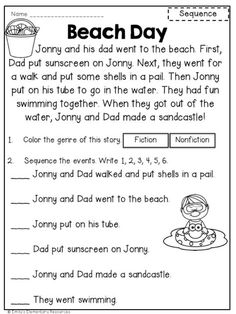 the beach day worksheet for kids to learn how to read and understand what they are