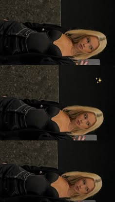 three pictures of a woman with blonde hair and black pants, one is looking at the camera