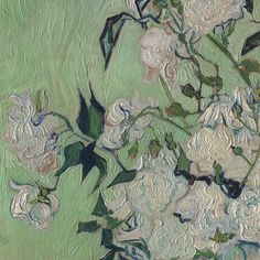 a painting of white flowers on a green background