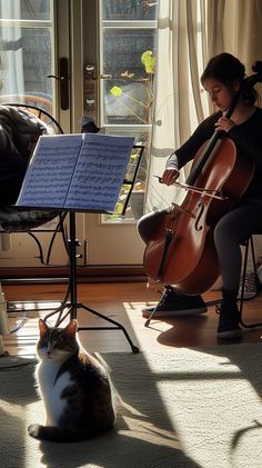 Cello Serenade Moment: An aspiring cellist practices diligently in a sunlit room while a captivated cat listens attentively. #music #cello #cat #practice #performance #aiart #aiphoto #stockcake ⬇️ Download and 📝 Prompt 👉 https://stockcake.com/i/cello-serenade-moment_326071_671217 New Hobbies Aesthetic, Cellist Aesthetic, Cello Aesthetic, Cello Instrument, Cello Playing, Cello Practice, Geneva Lee, Cello Photo, Sunlit Room