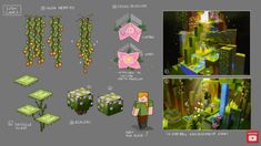 the concept art for an animated video game, with different stages and materials to make it