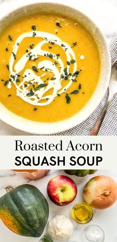 roasted acorn squash soup in a white bowl