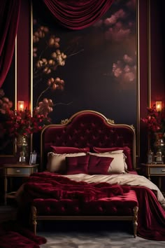 Channel the elegance of the 1920s in your boudoir-style bedroom, adorned with deep burgundy walls and art deco elements. Victorian Gothic Bedroom, Condo Room, Burgundy Bedroom, Red Bedroom Design, Bedroom Revamp, Royal Bedroom, Gothic Bedroom, Victorian Bedroom, Moody Bedroom