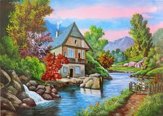 a painting of a house on the side of a building next to a river and trees