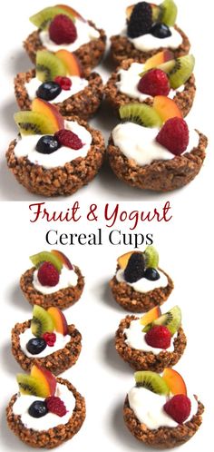 fruit and yogurt cereal cups are arranged on top of each other