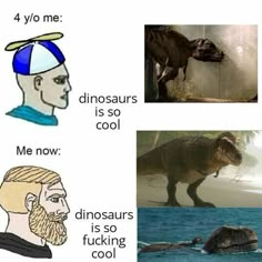 four different types of dinosaurs with captions in english and spanish, including an image of a man's head