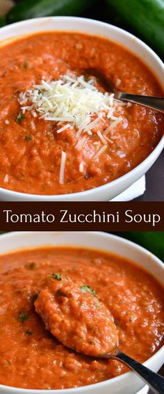 two bowls of tomato zucchini soup with parmesan cheese