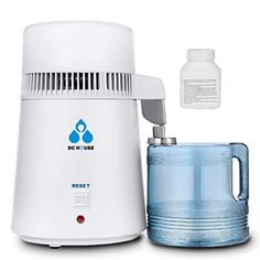 a water dispenser next to a bottle of water on a white background