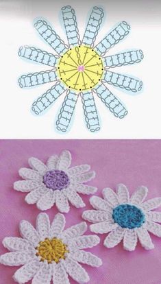 crocheted flowers are shown in three different colors and sizes, with the same pattern on