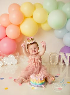 Pastel Rainbow First Birthday Photoshoot, Rainbow First Birthday Photoshoot, Pastel Rainbow Smash Cake, Simple 1st Birthday Photoshoot, Rainbow Smash Cake, Pastel Cake Smash, Rainbow Smash Cakes, Rainbow Cake Smash, One Year Birthday Cake