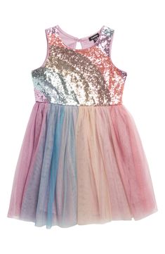 A rainbow of sequins ignites the front of the bodice on this tulle-skirted party dress that's kid approved. Back keyhole with button-and-loop closure Partially lined 96% polyester, 4% spandex Hand wash, line dry Imported Grad Photography, Big Girl Dresses, Unicorn Dress, Rainbow Kids, Dress Romper, A Rainbow, Tulle Dress, Nordstrom Dresses, Bodice