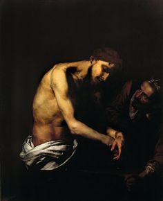 a painting of a man with his hands on the ground next to another man's head