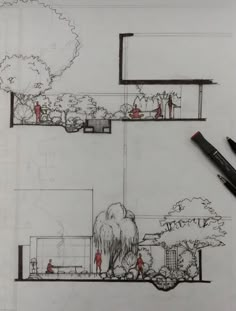 a drawing of a house with trees and people in it