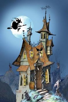 a halloween house with a witch flying over it