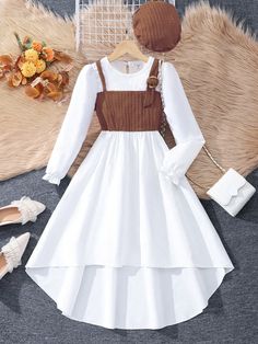 Brown Casual Collar Long Sleeve Fabric Colorblock A Line Embellished Slight Stretch  Tween Girls Clothing Cute Dresses For Fall, Cute Dresses Vintage, Vintage Fall Clothes, Casual Clothes For Boys, Cute Winter Dresses, Germany Clothing, Modest Christian Clothing, Everyday Dresses Casual, Cute Dress Outfits