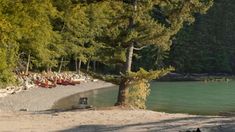 there are many canoes lined up on the shore by the water's edge