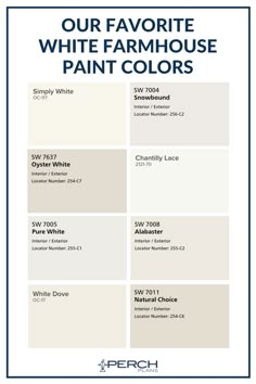 some white paint colors with the words our favorite white farmhouse house paint colors on them