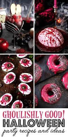 a collage of halloween desserts including apples and doughnuts